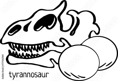 Tyrannosaurus rex scull with eggs. Hand drawn black line art vector illustration. Triceratops. Doodle simple skull skeleton, egg for archaeological, paleontological, alchemy poster, book, game.