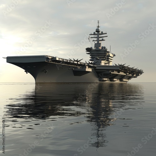 3D aircraft carrier in a calm sea setting, focusing on its grand scale and smooth textures