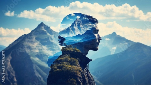 blue mountains frame human figure in double exposure, in a union of man and nature, symbolizing interconnections and ecological harmony in wilderness