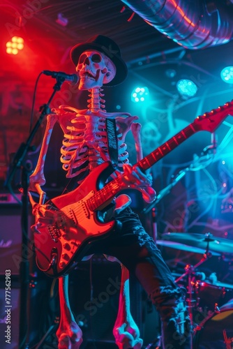 A skeleton playing electric guitar on stage, with vibrant neon lights casting eerie shadows, in a rock concert atmosphere