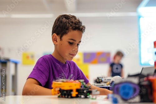 Child engaged in creative play with building blocks at a colorful classroom