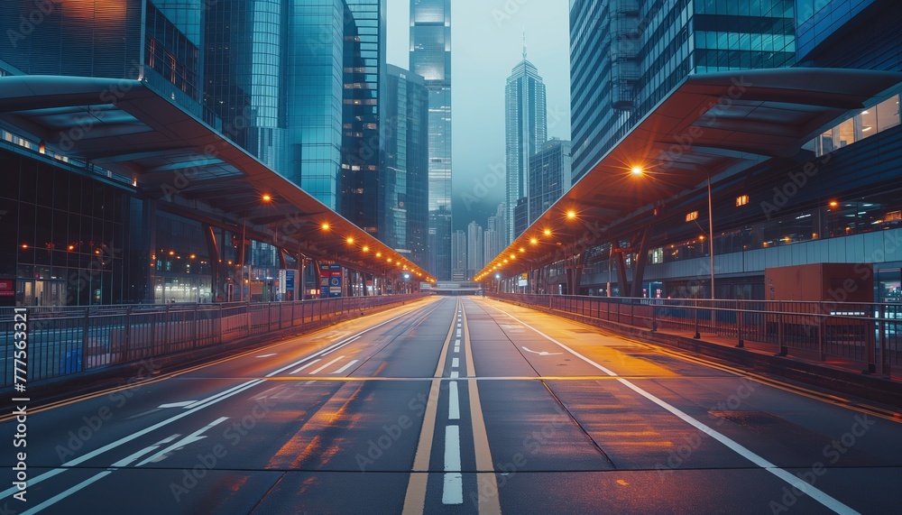 An empty city street at dusk, illuminated by neon lights and futuristic architecture, conveying a sense of solitude and uncertainty in a modern metropolis.