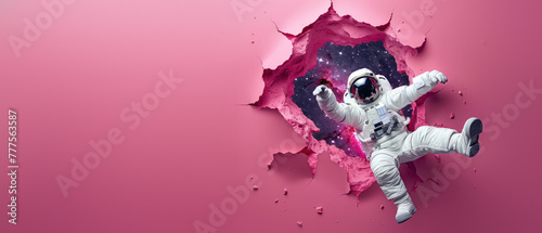 A conceptual image of an astronaut in a white spacesuit breaking through a vibrant pink wall into a star-filled cosmos, symbolizing breakthrough and discovery