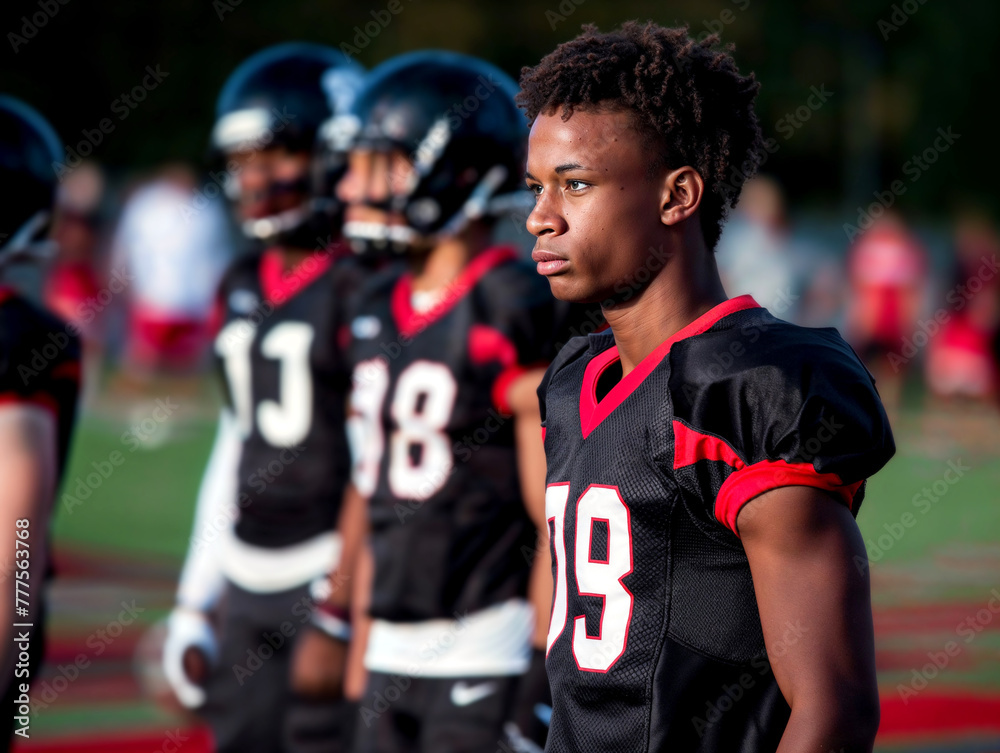 Side angle of American high school football players ready in equipment. Side angle of American high school football players ready in equipment.