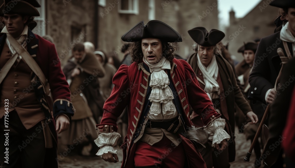 A reenactment of a historical event with actors in period costumes, capturing a moment of tension and triumph, bringing history to life with a sense of drama. A reenactment of a historical event with actors in period costumes, capturing a moment of tension and triumph, bringing history to life with a sense of drama.