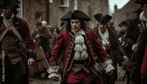 A reenactment of a historical event with actors in period costumes, capturing a moment of tension and triumph, bringing history to life with a sense of drama.
