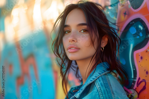 Urban Chic: Latina Woman wearing a Denim Jacket Against a Graffiti Wall Backdrop, in Golden Hour Glow of Soft Sunset Light, Captured in Analog Style