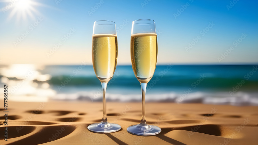 Romantic beach evening on sunset with two glasses of champagne standing on sand