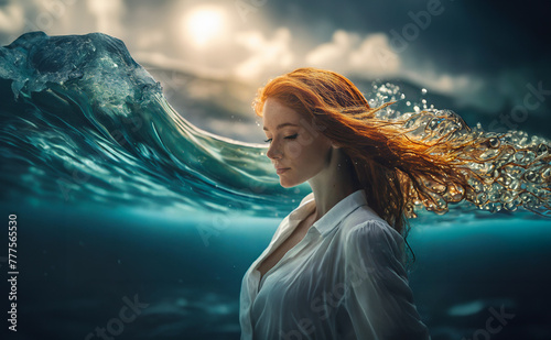 Girl Plaing under water smiling with open eyes waves and sun flares on the beachunderwater life