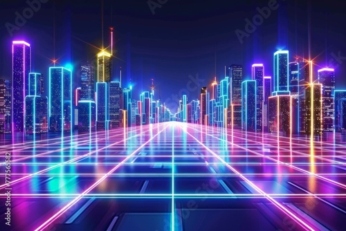 Neon-lit virtual skyline with radiant grid pathways, holographic towers gleam, energy pulses through the vibrant, digital thoroughfare.. Luminous cyber city, glowing lines crisscross streets