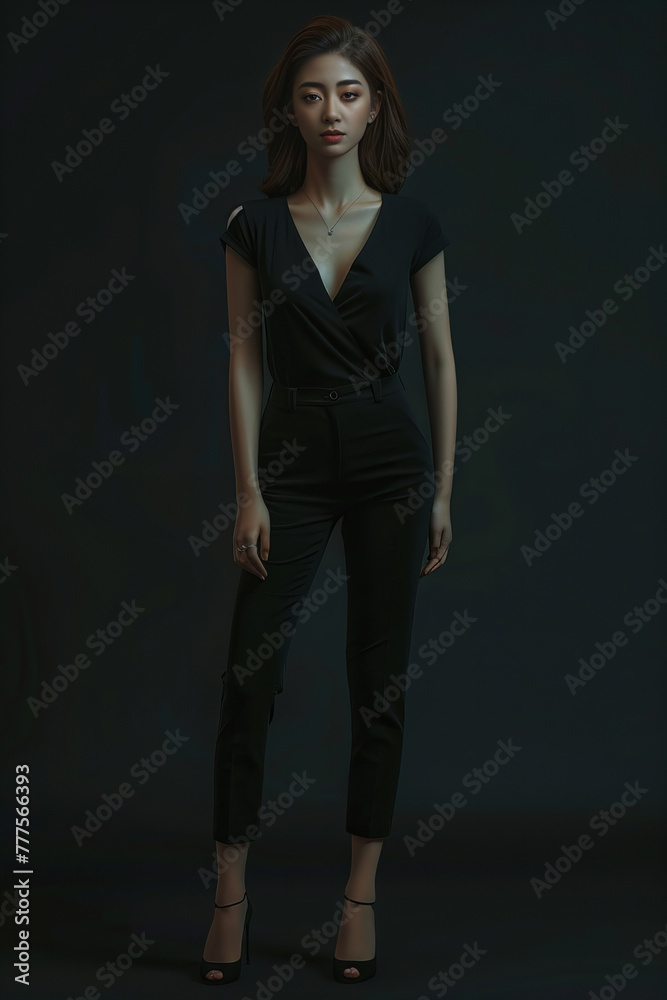 Elegant Woman in Classic Black Attire Posing for Fashion Banner Elegant Woman in Classic Black Attire Posing for Fashion Banner