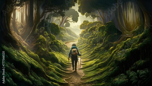 An illustration of a traveler hiking through a dense forest, with towering trees