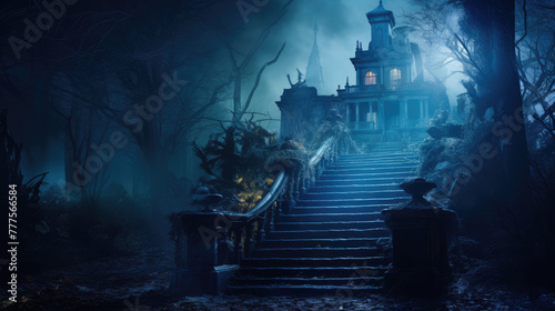 Background for a scary fairy tale background, a dark gothic haunted mansion castle in a dark dead valley with a forest around and snow. Halloween background with a spooky and ancient church