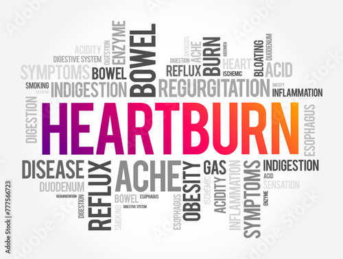 Heartburn is a burning feeling in the chest caused by stomach acid travelling up towards the throat, word cloud concept background