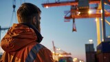 Focused crane operator gazing at heavy machinery at work against dusk sky