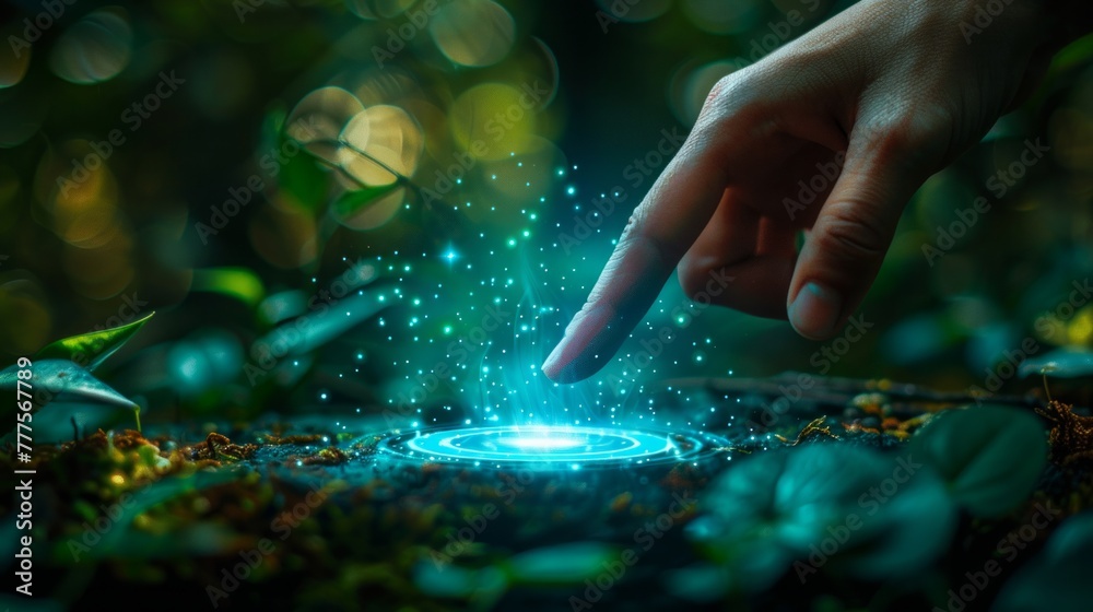 Finger presses a virtual button in a lake in a tropical forest. The concept of starting and stopping natural processes Finger presses a virtual button in a lake in a tropical forest. The concept of starting and stopping natural processes