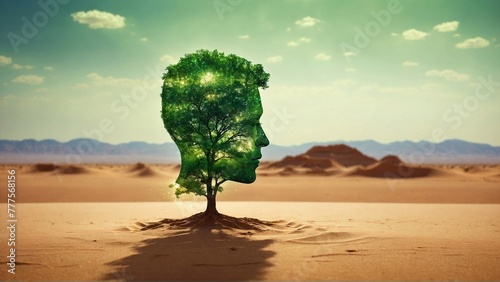 a human-shaped green tree rises in the desert  advocating for nature protection and the preservation of ecological balance  sustainability concept