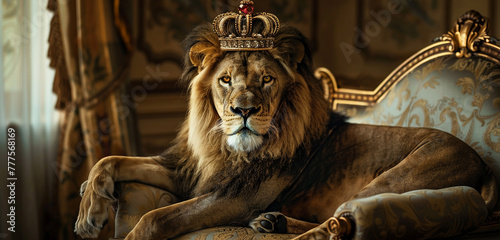 A lion sitting on an opulent armchair  magnificent in its crown  looks straight at the camera with a look of strength and grace