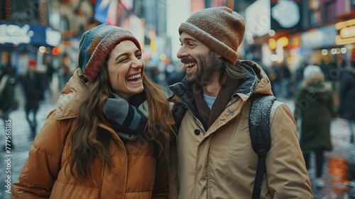 Couple's winter delight: joy and love in a bustling city, ideal for use in romantic, wedding, and commercial background imagery