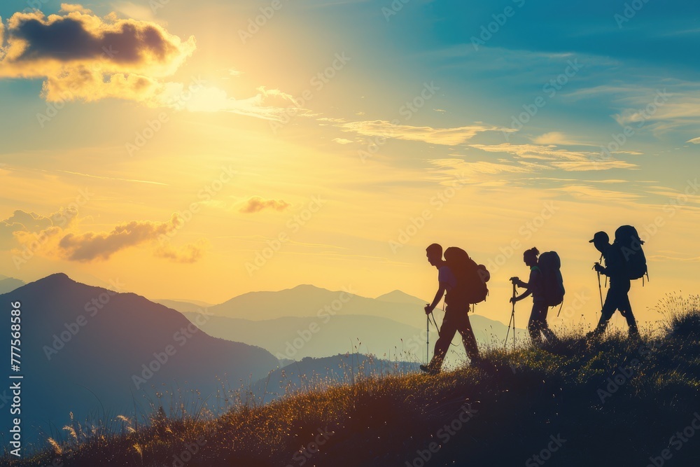 Exploring Nature: Hiker Family Silhouette in Mountain Landscape