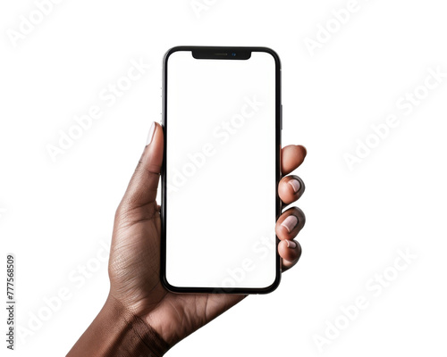 Hand holding a phone for mockup on transparent background