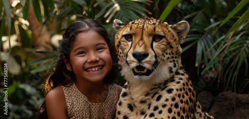 A young woman smiles broadly as she sits next to a majestic cheetah in a background of beautiful vegetation. They both turn to look curiously at the camera