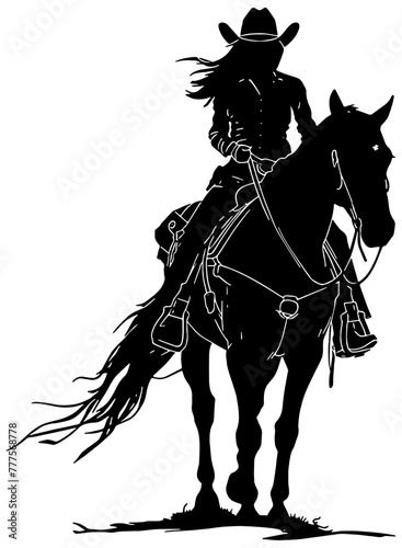 Silhouette of a cowgirl and horse standing in the grass on a windy day 