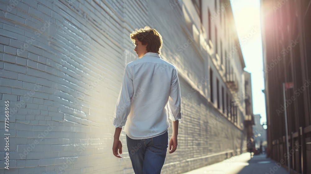 Urban Chic: Model in White Shirt and Blue Jeans, New York City Vibes