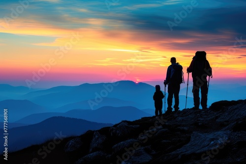 Outdoor Enthusiasts: Family Trekking in Mountain Silhouette