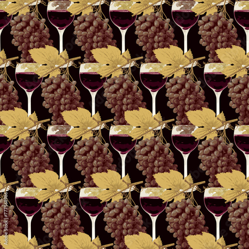 Seamless pattern with realistic bunches of grapes and glasses of red wine on a black yellow. Suitable for wallpaper, wrapping paper or fabric design. Vector background on a wine theme in retro style