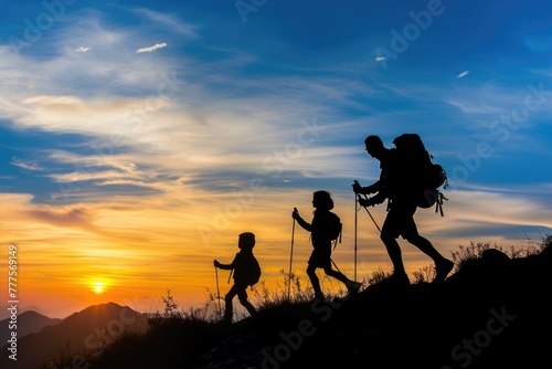 Scenic Family Hike  Mountain Silhouette Background