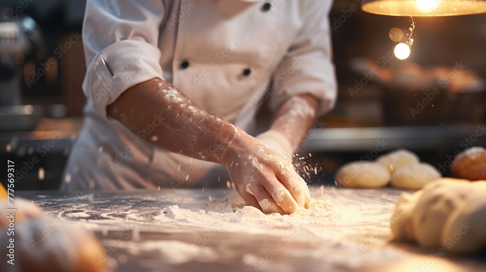 Chef kneads dough on floured surface in commercial kitchen with warm, blurred background