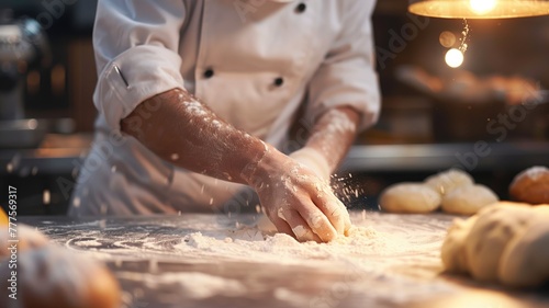 Chef kneads dough on floured surface in commercial kitchen with warm, blurred background