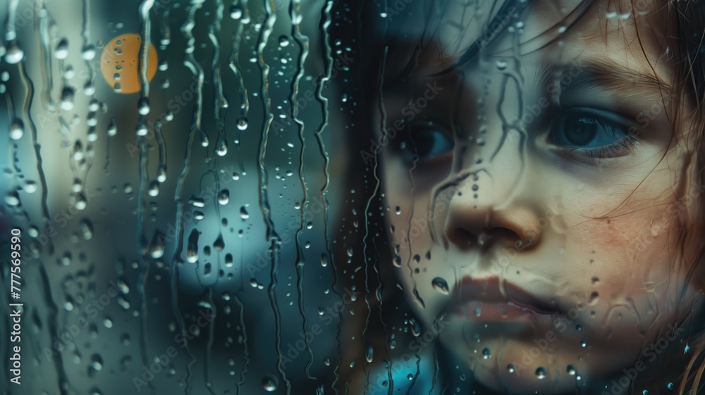 Close-up of child's face behind rain-streaked window, looking thoughtful and somber Close-up of child's face behind rain-streaked window, looking thoughtful and somber