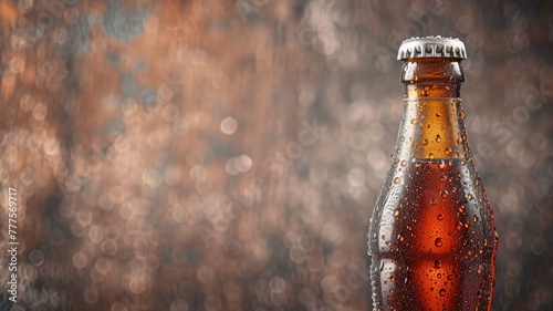 Close-up of cold, condensation-covered glass bottle with metal cap, against blurry background