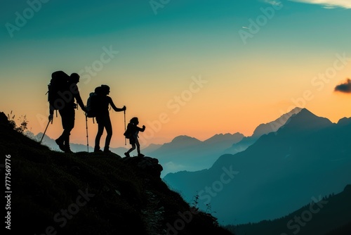 Summit Sunset  Family Silhouette against Mountain Horizon