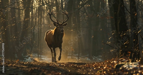 a deer running in a luxuriant european forest at spring dawn, still from a movie, alexa camera, sublime light, photographic animal, 