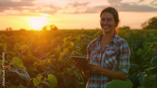 Soybean Serenity: Brazilian Woman Farmer's Blissful Moment photo