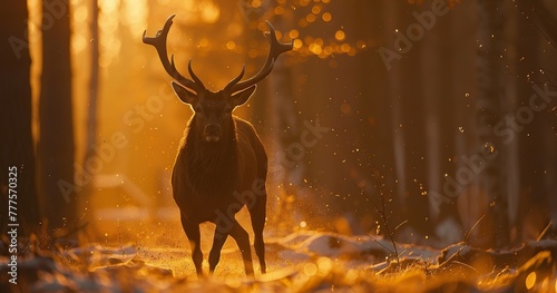 a deer running in a luxuriant european forest at spring dawn, still from a movie, alexa camera, sublime light, photographic animal,  © Frin