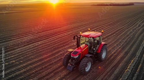 Sunset Harvest: Red Tractor on Soybean Farm from Above