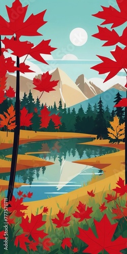 the nature of Canada. lake in the mountains, snow-capped mountains, 2D illustrations photo
