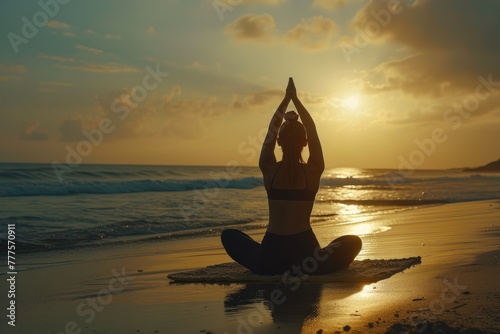 Beach Meditation: Woman Doing Yoga at Sunset