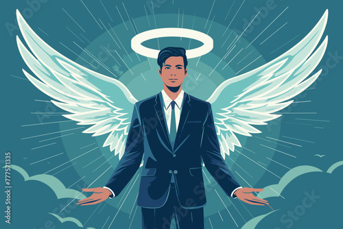 Businessman with angel wings and halo promoting ethical business practices, integrity, honesty, and transparency in corporate culture