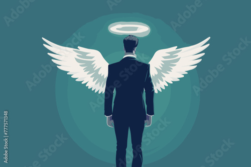 Businessman with angel wings and halo promoting ethical business practices, integrity, honesty, and transparency in corporate culture photo