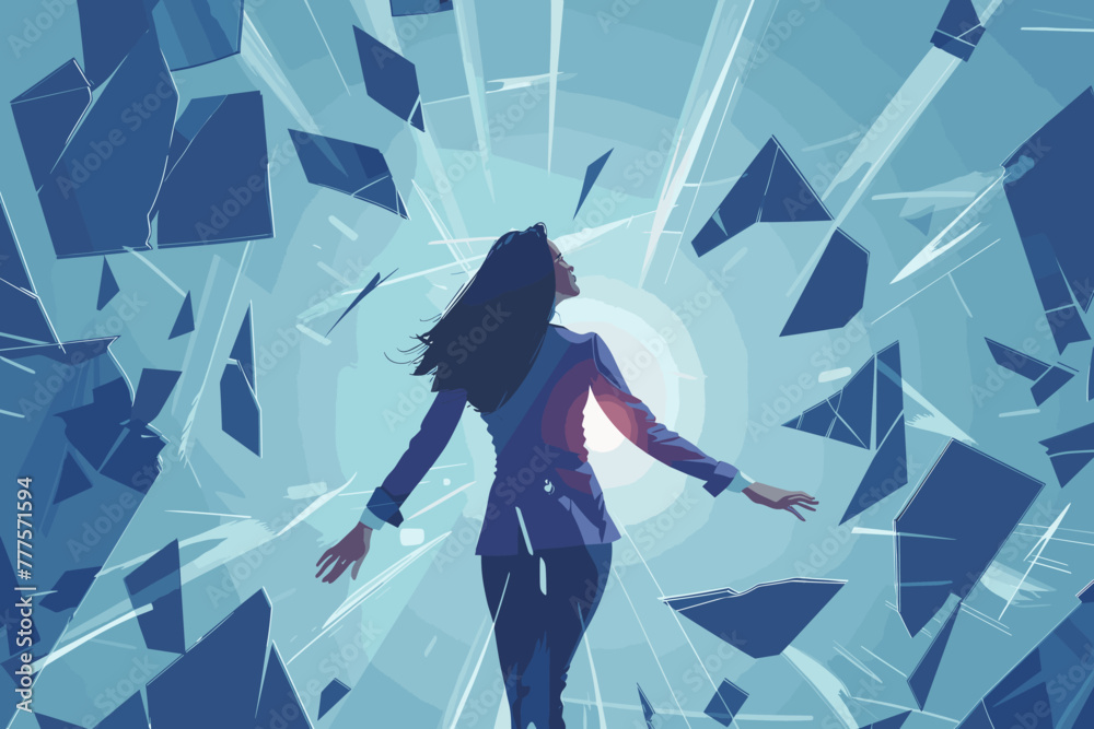 Businesswoman struggling to shatter glass ceiling, facing gender