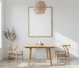 white dining room with a wooden table and chairs, a blank frame on the wall mockup, front view, high definition, realism, in the style of hd realism
