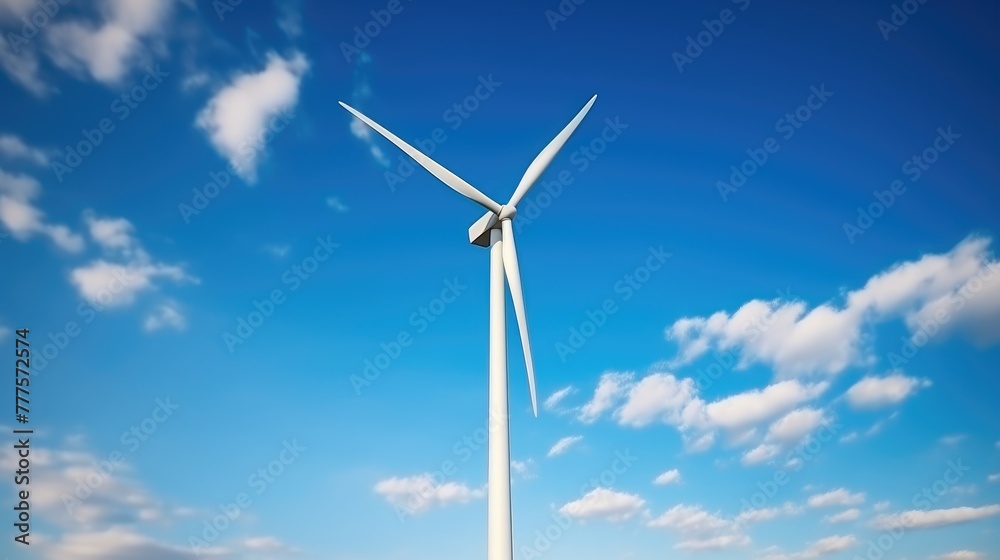 Eco-Friendly Power: Wind Turbine Up Close Against Blue Sky Eco-Friendly Power: Wind Turbine Up Close Against Blue Sky