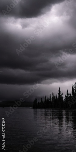 nature. cloudy nature. the gloomy forest. a lake in the mountains. grey clouds in the mountains. gloomy nature