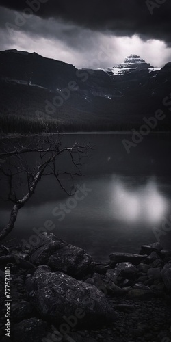 nature. cloudy nature. the gloomy forest. a lake in the mountains. grey clouds in the mountains. gloomy nature photo