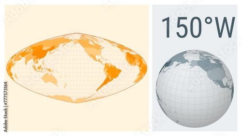 World Map Animation. Boggs eumorphic projection. Colored countries style. Animated world map in Boggs projection. Loopable animation showing longitude shift and matching globe. photo